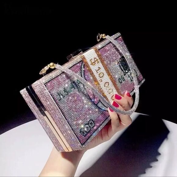 PINK BLING BLING RHINESTONES BAG WITH STRAP - Picture 1 of 6